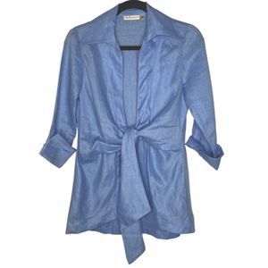 Neiman Marcus Front Tie Blouse | 100% Linen | Blue | Size XS | Collar